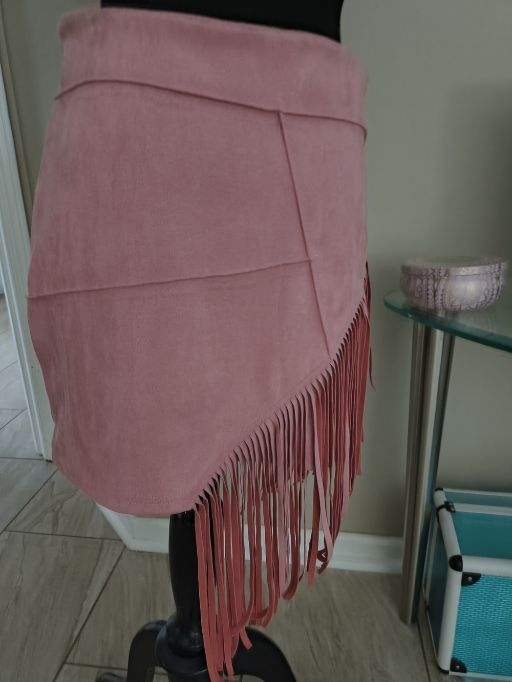 Fringe Hem Pink Suede Mini Skirt
